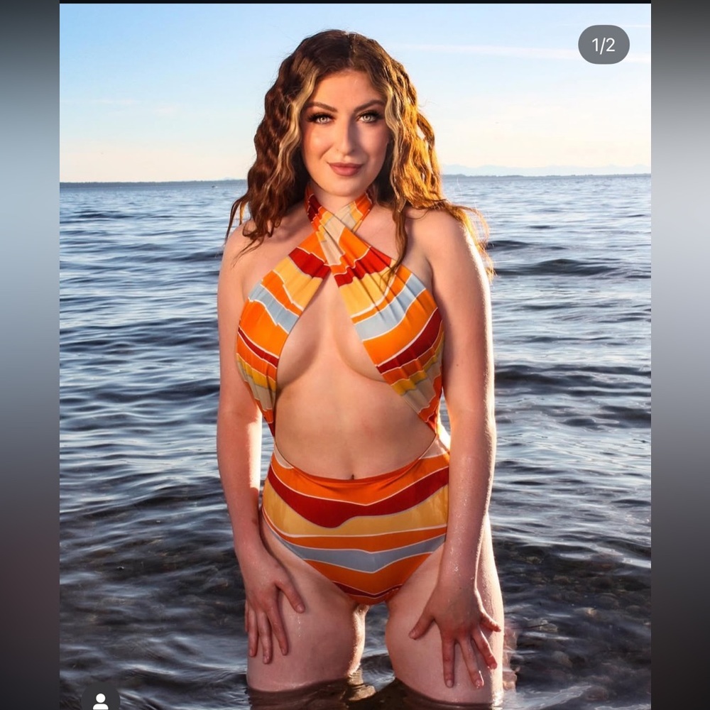 Kute Kini Jupiter one piece Striped Orange and Blue Halter Bikini